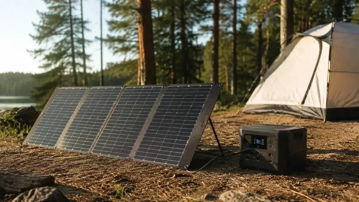 Foldable solar panel charging a power station at a campsite with a tent and trees in the background