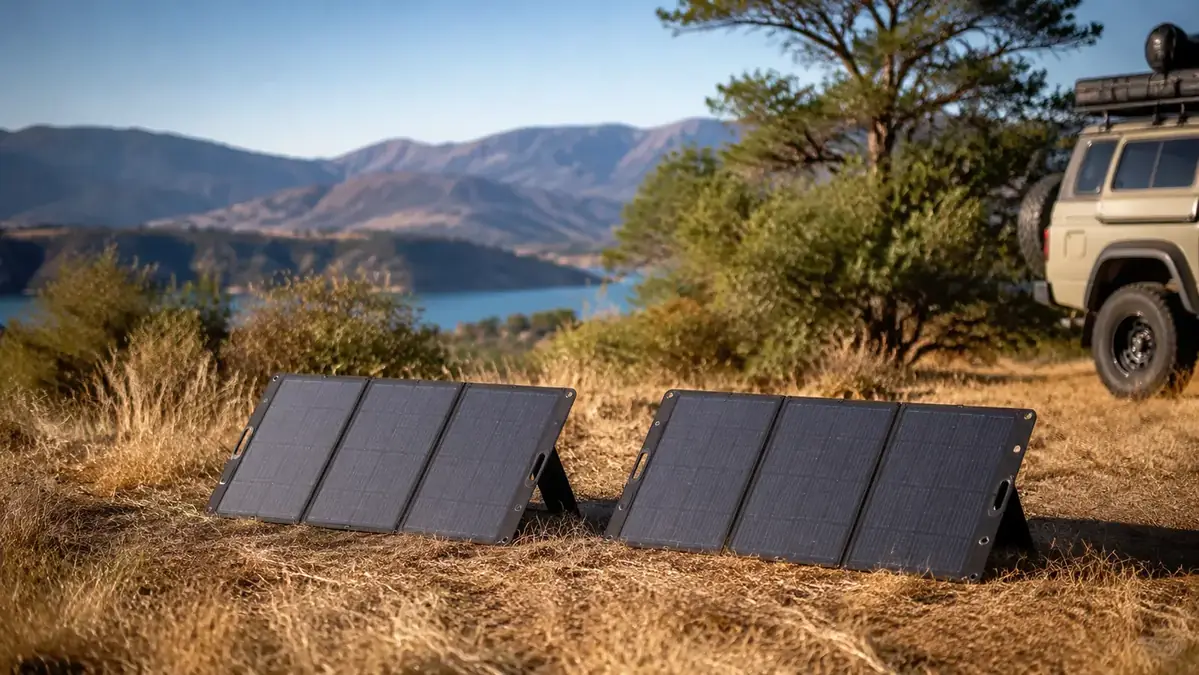 Two foldable solar panels open side by side on dry grass in direct sunlight, showing kickstands deployed