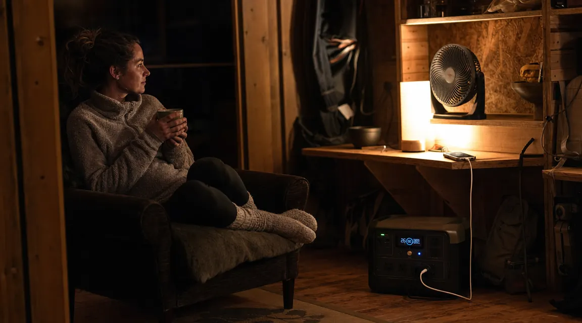 Interior of small cabin at night with a lamp on, a phone charging, and a small fan running from a power station on the floor