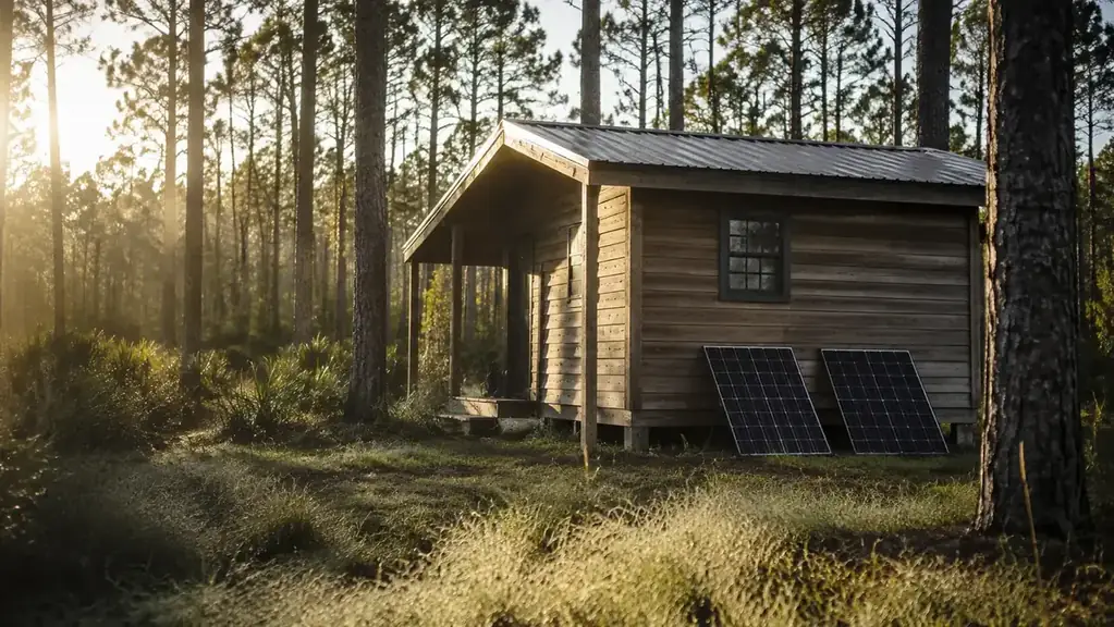 Small off-grid cabin in pine woods at dawn with two folded solar panels leaning against the exterior wall